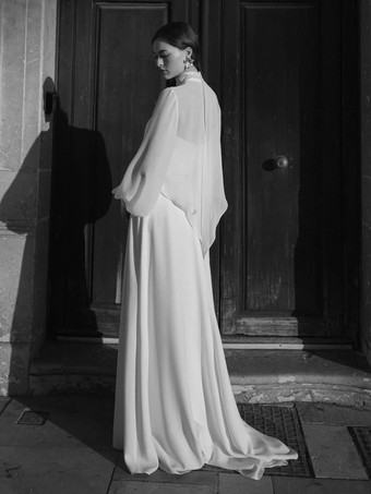 ウェディングラップ ホワイト ロングスリーブ ジュエルネック ランタンスリーブ ショール シフォン レース ブライダルカバーアップ