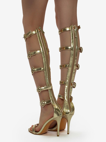 ゴールドハイヒールサンダル レディース オープントゥ バックルディテール グラディエーターサンダル