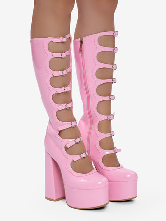 ブラックニーハイブーツ プラスサイズ プラットフォーム ラウンドトゥ バックルディテール チャンキーヒールブーツ