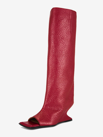 レッド 赤いニーハイブーツ、つま先が見えるデザインヒール、膝丈ブーツ