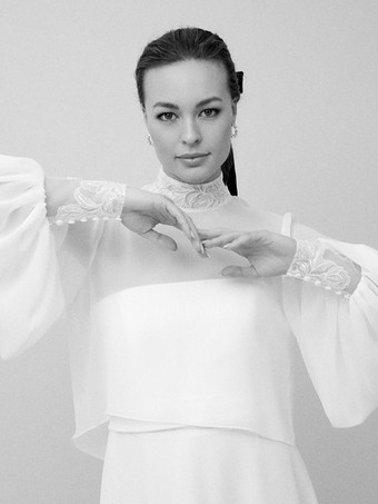 ウェディングラップ ホワイト ロングスリーブ ジュエルネック ランタンスリーブ ショール シフォン レース ブライダルカバーアップ