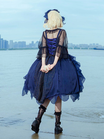 古典的なロリータ ドレス チュール ノースリーブ ディープ ブルー ロリータ ドレス