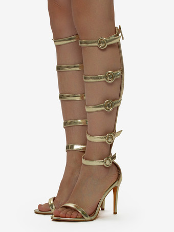 ゴールドハイヒールサンダル レディース オープントゥ バックルディテール グラディエーターサンダル