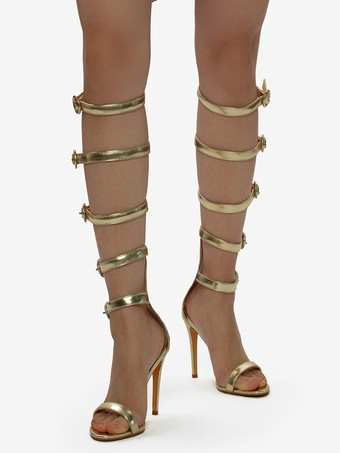 ゴールドハイヒールサンダル レディース オープントゥ バックルディテール グラディエーターサンダル