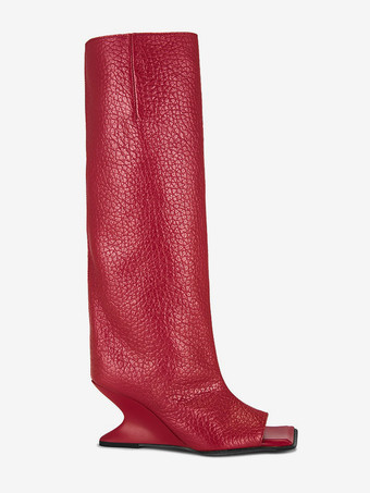 赤いニーハイブーツ、つま先が見えるデザインヒール、膝丈ブーツ