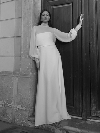 ウェディングラップ ホワイト ロングスリーブ ジュエルネック ランタンスリーブ ショール シフォン レース ブライダルカバーアップ