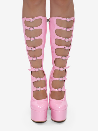 ブラックニーハイブーツ プラスサイズ プラットフォーム ラウンドトゥ バックルディテール チャンキーヒールブーツ