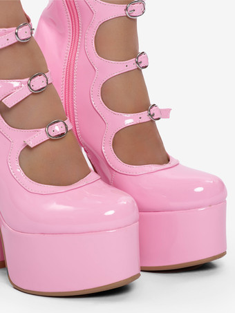 ブラックニーハイブーツ プラスサイズ プラットフォーム ラウンドトゥ バックルディテール チャンキーヒールブーツ