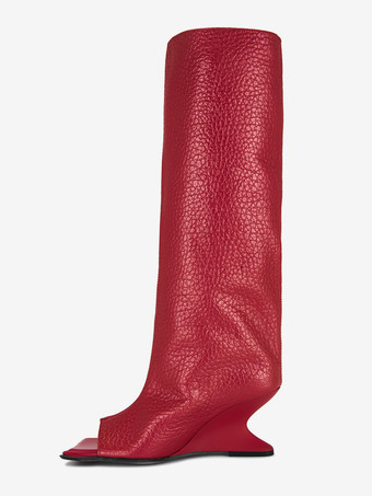赤いニーハイブーツ、つま先が見えるデザインヒール、膝丈ブーツ