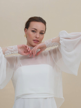 ホワイト ウェディングラップ ホワイト ロングスリーブ ジュエルネック ランタンスリーブ ショール シフォン レース ブライダルカバーアップ