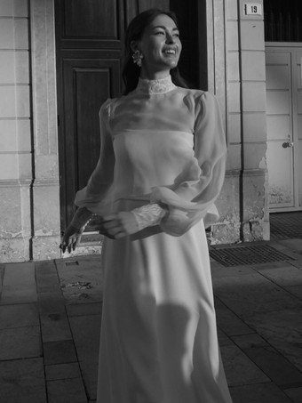 ウェディングラップ ホワイト ロングスリーブ ジュエルネック ランタンスリーブ ショール シフォン レース ブライダルカバーアップ