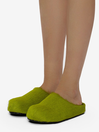 Light Green Women Winter Slippers Faux Fur Hair Round Toe slides