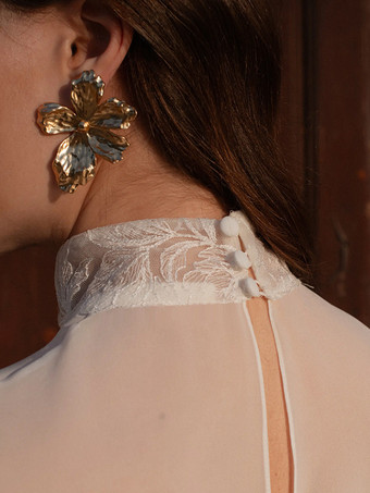 ウェディングラップ ホワイト ロングスリーブ ジュエルネック ランタンスリーブ ショール シフォン レース ブライダルカバーアップ