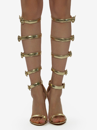 ゴールドハイヒールサンダル レディース オープントゥ バックルディテール グラディエーターサンダル