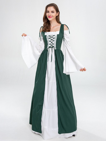 中世のレトロな白いドレスとバーガンディ色のガウン、レースアップコルセットのヴィンテージコスチューム