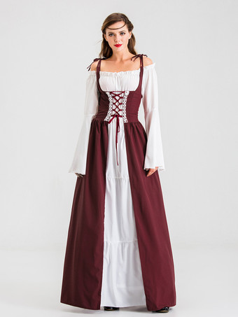 中世のレトロな白いドレスとバーガンディ色のガウン、レースアップコルセットのヴィンテージコスチューム