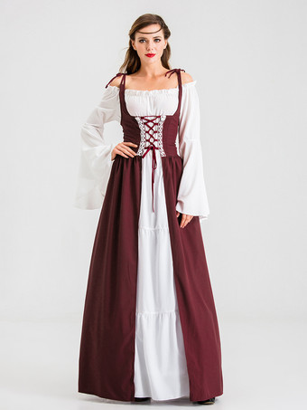 中世のレトロな白いドレスとバーガンディ色のガウン、レースアップコルセットのヴィンテージコスチューム