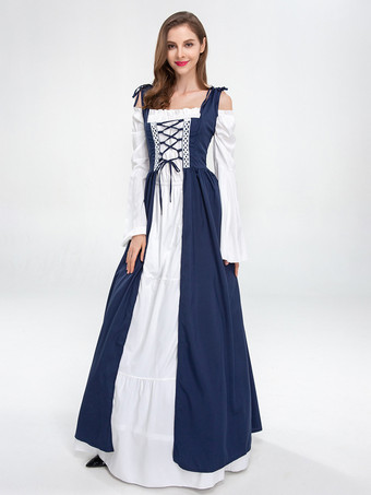 中世のレトロな白いドレスとバーガンディ色のガウン、レースアップコルセットのヴィンテージコスチューム