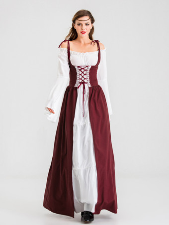 中世のレトロな白いドレスとバーガンディ色のガウン、レースアップコルセットのヴィンテージコスチューム