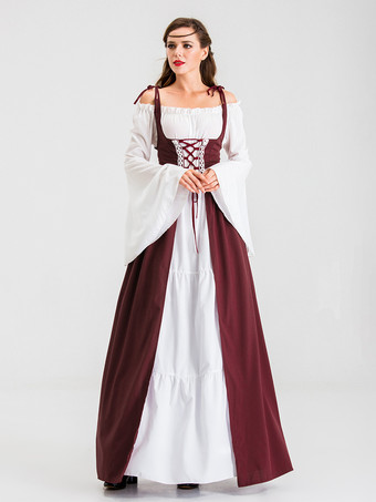 中世のレトロな白いドレスとバーガンディ色のガウン、レースアップコルセットのヴィンテージコスチューム