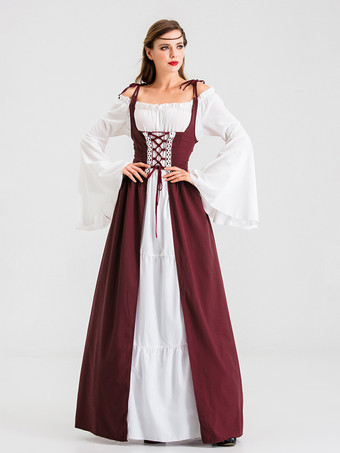 中世のレトロな白いドレスとバーガンディ色のガウン、レースアップコルセットのヴィンテージコスチューム