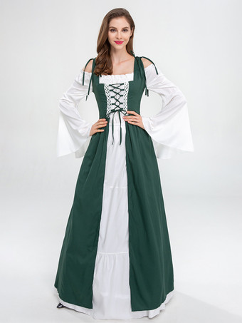 グリーン 中世のレトロな白いドレスとバーガンディ色のガウン、レースアップコルセットのヴィンテージコスチューム