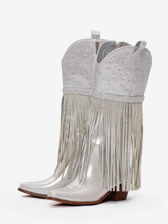 シルバー シルバーニーハイブーツ、ポインテッドトゥ、ラインストーン、チャンキーヒール、タッセル付きウエスタンブーツ