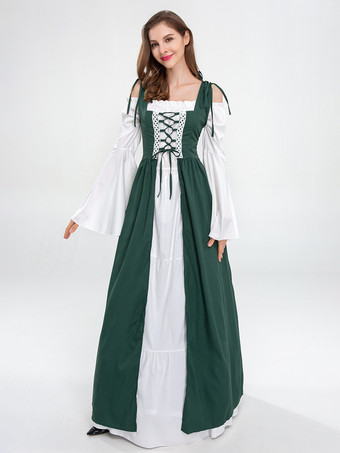 中世のレトロな白いドレスとバーガンディ色のガウン、レースアップコルセットのヴィンテージコスチューム