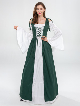 中世のレトロな白いドレスとバーガンディ色のガウン、レースアップコルセットのヴィンテージコスチューム