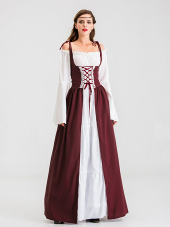 中世のレトロな白いドレスとバーガンディ色のガウン、レースアップコルセットのヴィンテージコスチューム