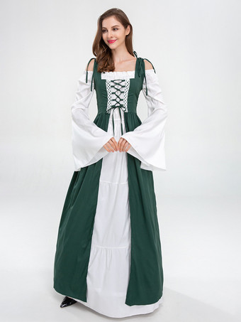 中世のレトロな白いドレスとバーガンディ色のガウン、レースアップコルセットのヴィンテージコスチューム
