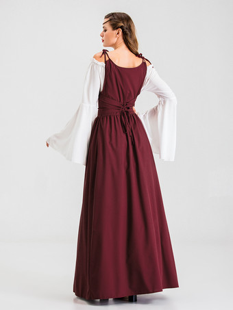 中世のレトロな白いドレスとバーガンディ色のガウン、レースアップコルセットのヴィンテージコスチューム