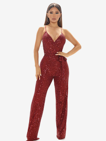 ワインレッド スパンコール ジャンプスーツ Vネック ノースリーブ ベルト付き クラブ ナイトウェア 女性用