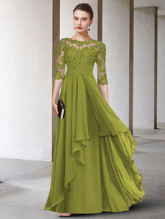 オリーブグリーン母のドレス ジュエルネック ハーフスリーブ Aライン レース マキシレングス ゲストドレス 結婚式用 自由なカスタマイズ