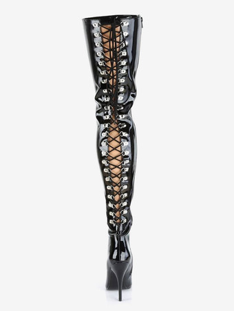 女性のセクシーなブーツ尖ったつま先ジッパースパンコールスチレットヒール絶賛クラブ黒太ももの高いブーツ