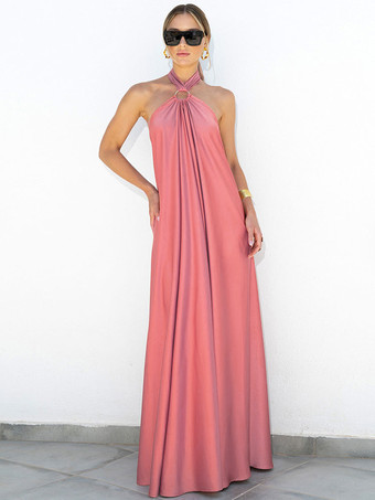 ブリックレッドパーティードレス ブルー ホルター プリーツ ノースリーブ バックレス セミフォーマルドレス