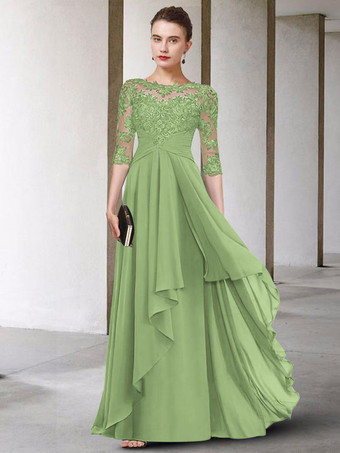 セージグリーン母のドレス ジュエルネック ハーフスリーブ Aライン レース マキシレングス ゲストドレス 結婚式用 自由なカスタマイズ
