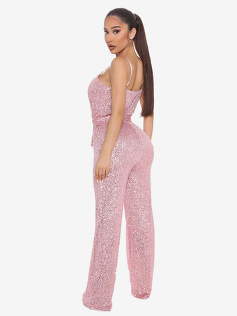 スパンコール ジャンプスーツ Vネック ノースリーブ ベルト付き クラブ ナイトウェア 女性用