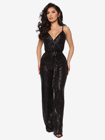 ブラック スパンコール ジャンプスーツ Vネック ノースリーブ ベルト付き クラブ ナイトウェア 女性用