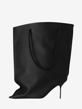 ブラック レディース ワイドカーフブーツ ポインテッドトゥデザイン ハイヒールブーティ