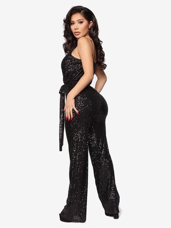 スパンコール ジャンプスーツ Vネック ノースリーブ ベルト付き クラブ ナイトウェア 女性用