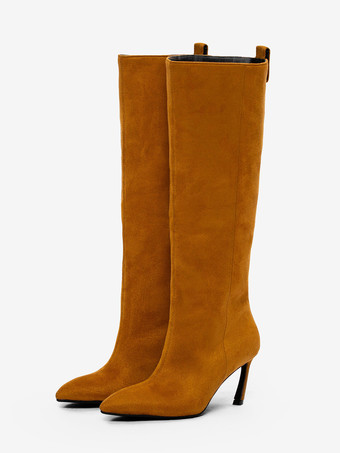 ブラウン スエードニーハイブーツ レディース ポインテッドトゥデザイン ハイヒールブーツ