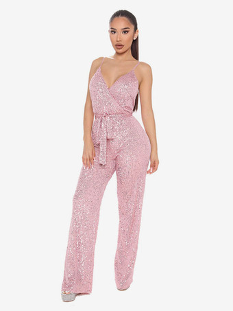 ピンクスパンコール ジャンプスーツ Vネック ノースリーブ ベルト付き クラブ ナイトウェア 女性用