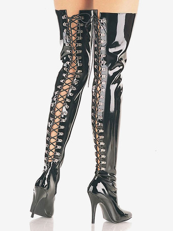 女性のセクシーなブーツ尖ったつま先ジッパースパンコールスチレットヒール絶賛クラブ黒太ももの高いブーツ