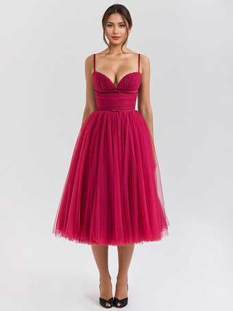 ワインレッド スイートチュールミディドレス Aライン バースデーパーティー スリップドレス レディース 2025