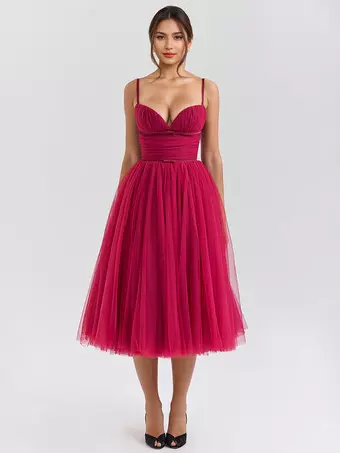 knee length dresses for ladies Light Blue Ruffled Tulle Midi Dress main image 0