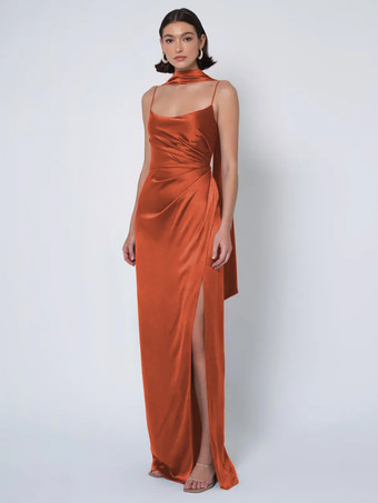 ブリックレッドブライズメイドドレス サテン生地 ボールガウン フロアレングス ウェディング パーティードレス