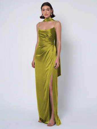 オリーブグリーンブライズメイドドレス サテン生地 ボールガウン フロアレングス ウェディング パーティードレス