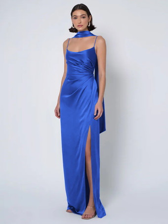 オーシャンブルーブライズメイドドレス サテン生地 ボールガウン フロアレングス ウェディング パーティードレス