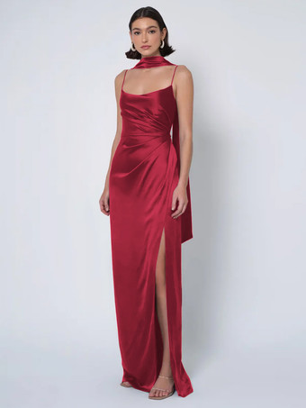 エンバーレッドブライズメイドドレス サテン生地 ボールガウン フロアレングス ウェディング パーティードレス